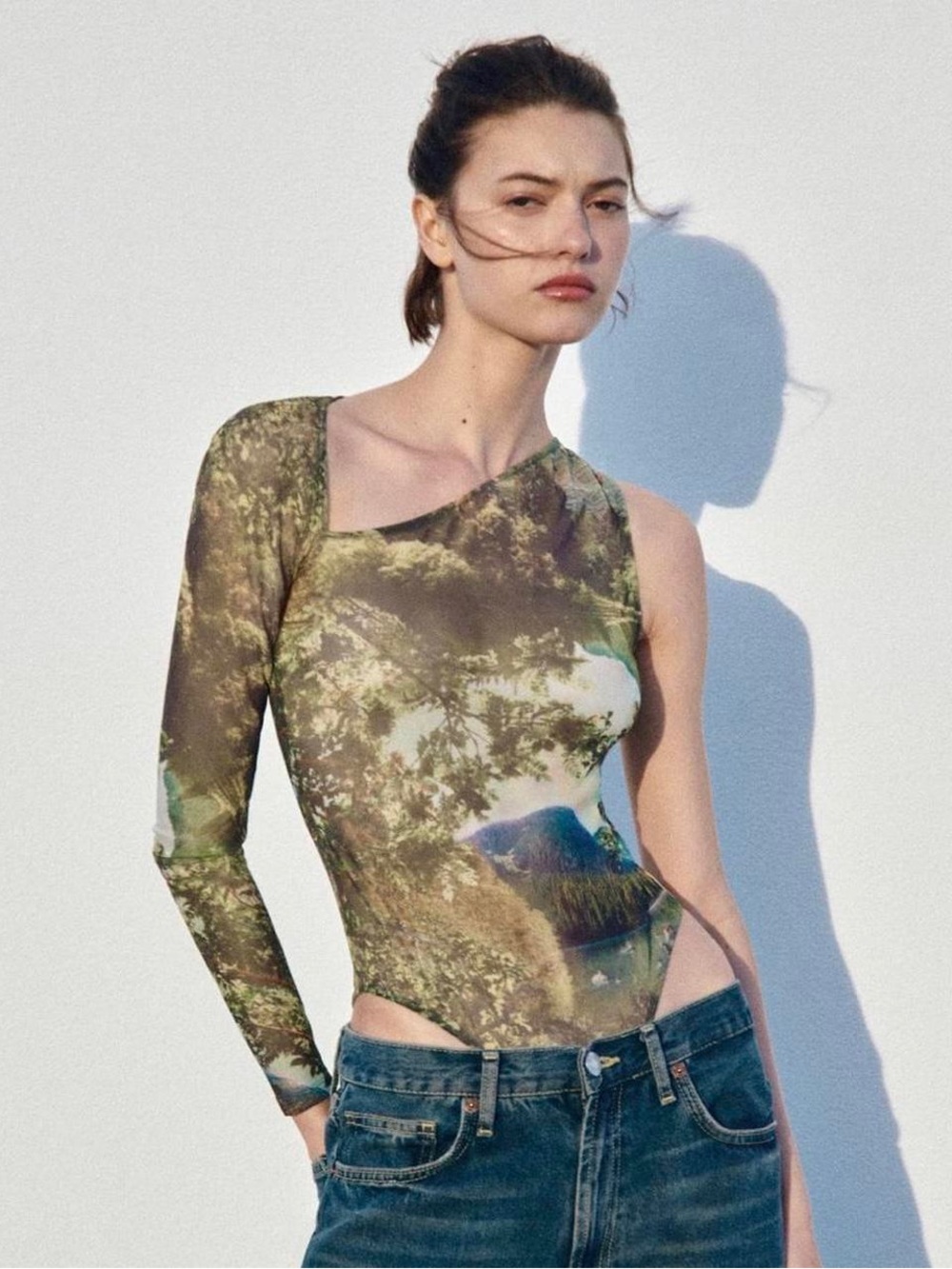 Zara Small Scenic Landscape Mesh One Sleeve Asymmetrical Bodysuit